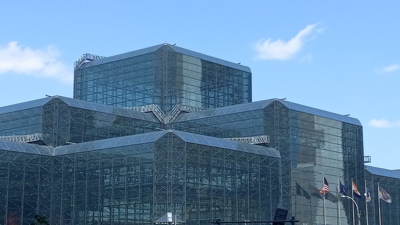 The glass facade of the Javits Center in New York