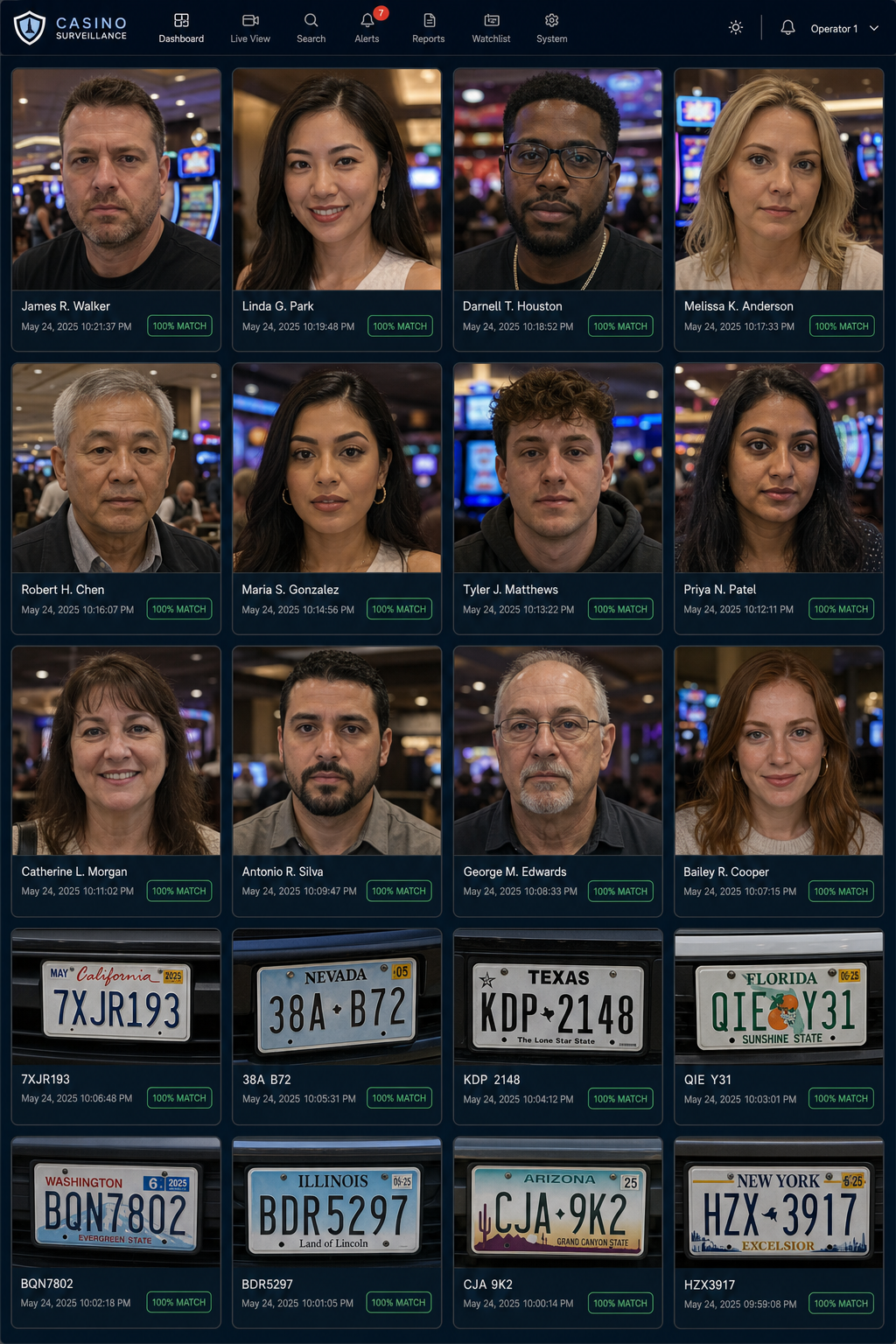 One place for the people and plates that matter. Different faces across the top rows, license plates below, every hit a confirmed match with the time and place.