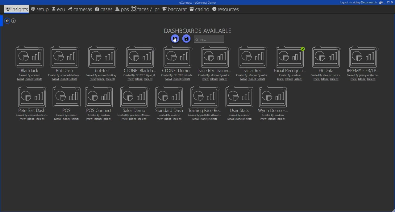 Dashboard gallery across facial recognition, POS, casino, and LPR