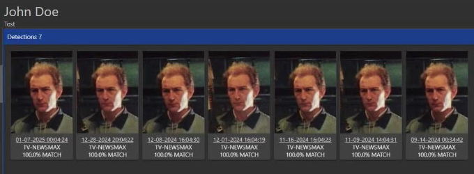 eConnect detection history showing every prior sighting of one person, each with a date, time and camera
