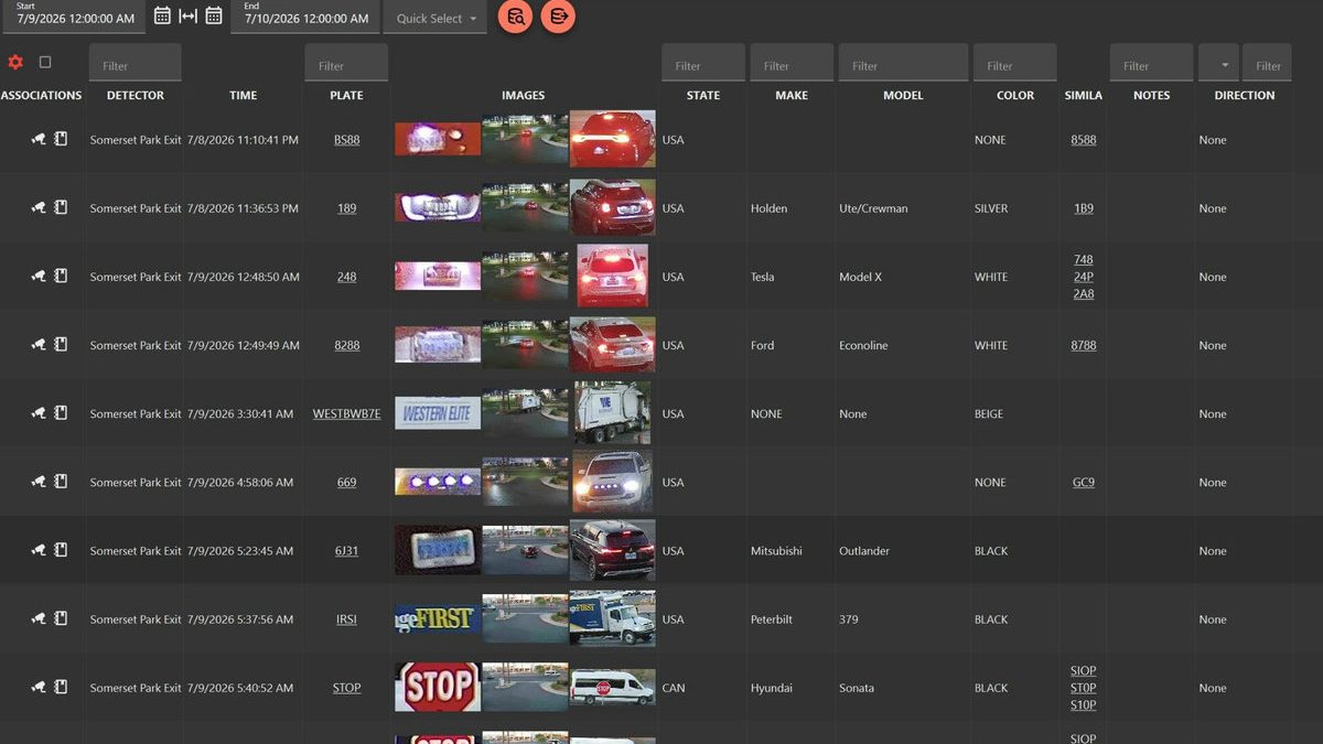 LPR Connect search results listing plate reads with vehicle photos