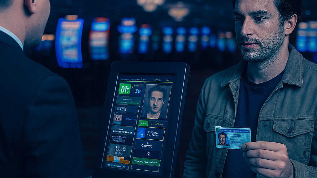 Guest presenting an ID at an eClear scanning kiosk at a casino entrance