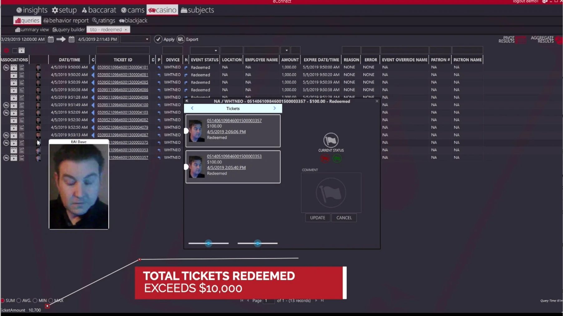 TITO Tracker pairing ticket redemptions with face captures and a high-value alert