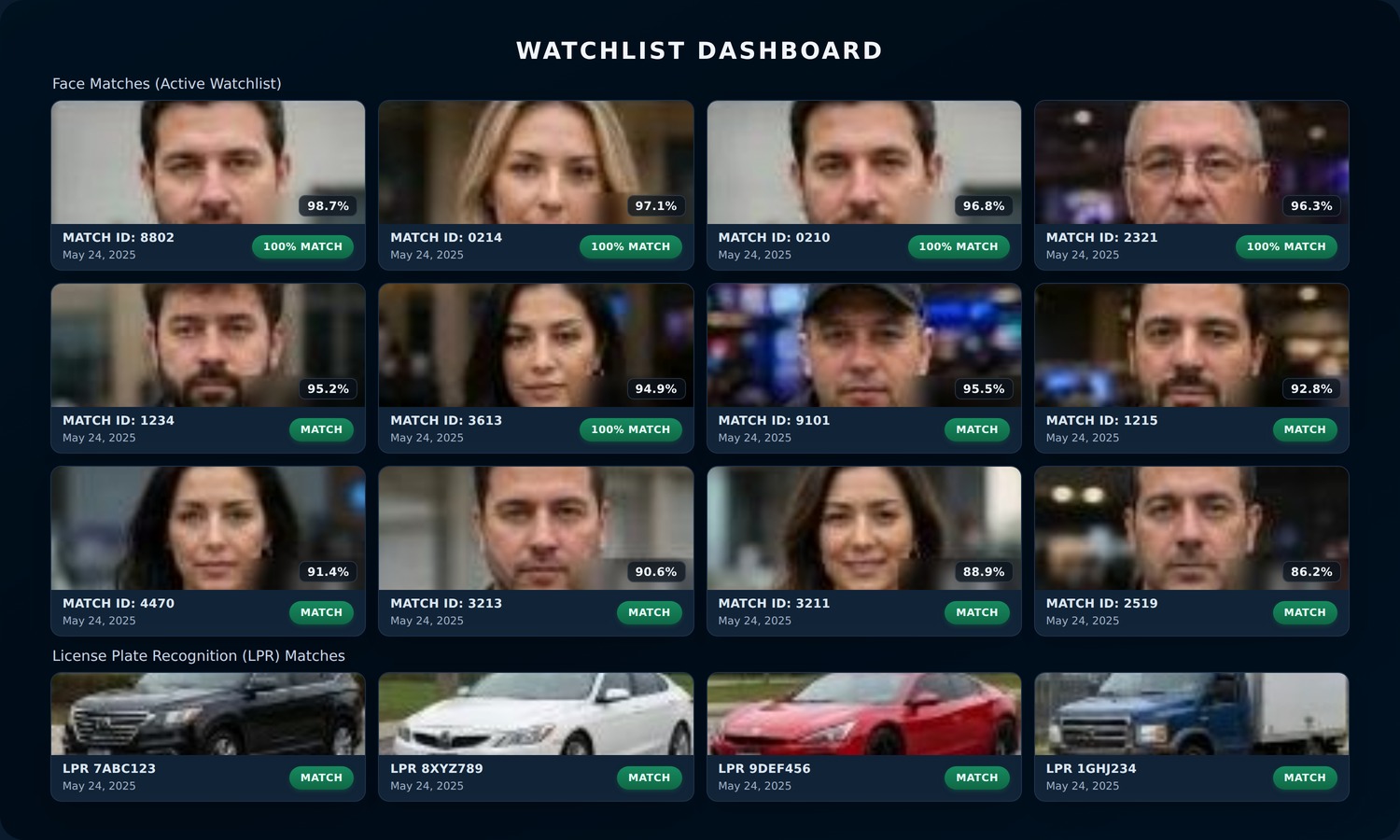 The eConnect Watchlist Dashboard: three rows of face-match cards plus a row of license-plate matches for the same crowd arriving in the photo, each a confirmed hit with a time and place